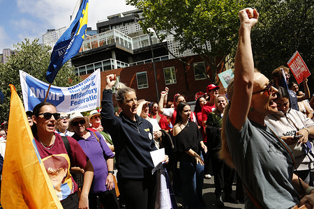 Participants march during the International Women’s Day rally in front of the Victorian Trades Hall Council in Melbourne. Hundreds gathered in front of Victorian Trades Hall in Melbourne to mark International Women’s Day, holding a rally calling for gender equality, women’s rights, and action against gender-based violence while highlighting ongoing social and economic challenges faced by women.