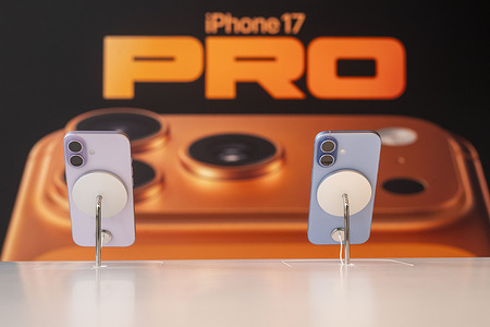 The Apple's new iPhone 17 models are displayed at the Apple The Grove in Los Angeles. Apple's new iPhone 17 lineup is available to purchase in-store starting Friday.