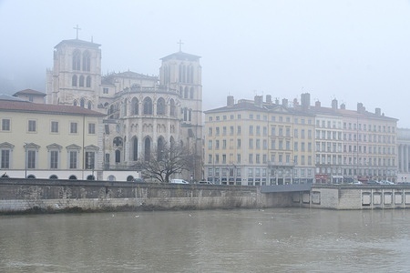 A view of Saint Jean Cathedral during the orange alert for air pollution in Lyon.