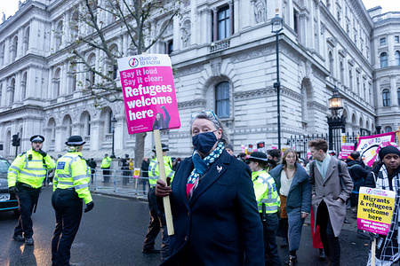 A protestor seen holding a placard that says 'Refugees welcome here' during the demonstration.
Stand Up to Racism UK organized a protest against the Nationality and Borders Bill introduced by the Tory government. They called on the Boris Johnson and Priti Patel to open doors to more migrants, in light of a recent drowning of migrants on their way to the UK.