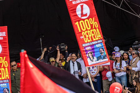 Ivan Cepeda speaks to the gathered crowd at the Bolivar Square during the Labour Day demonstration march.