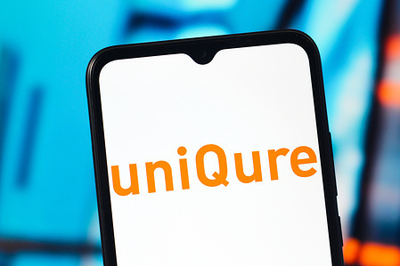 In this photo illustration, the uniQure logo is seen displayed on a smartphone screen.