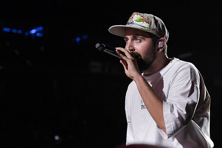 The Italian singer Frah Quintale, performs live on stage during his “Palazzetti ’26” tour at the Inalpi Arena.