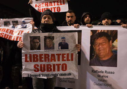 Demonstrators seen holding banners with the photo of the kidnapped men printed on.
Rally organized by the family of the three Neapolitan men kidnapped in Tecalitlàn in Mexico, they demand their immediate release.
The men are Antonio Russo (25 years old), Raffaele Russo (60 years old) and Cimmino Vincenzo (29 years old).