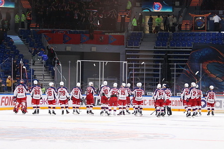 Players of CSKA Hockey Club seen during the Hockey match, Kontinental Hockey League 2025/2026 between Shanghai Dragons China and CSKA Moscow at the SKA Arena. (Final score; Shanghai Dragons 0:1 CSKA Moscow).