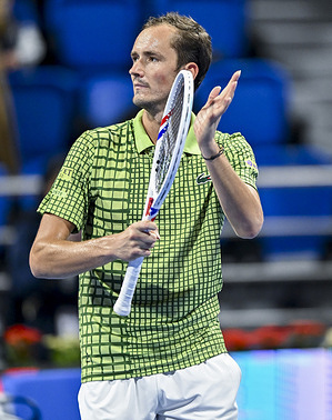 Daniil Medvedev of Russia celebrates after winning against Juncheng Shang of China (not in view) during the Round of 32 at the ATP men's Qatar ExxonMobil Open 2026 tennis tournament at the Khalifa International Tennis Complex. Daniil Medvedev won against Juncheng Shang 6-4,6-2.