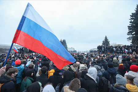 Protesters gather at Marsovo field during the demonstration.
Protest against the detention of the opposition leader Alexey Navalny in St. Petersburg. Alexey Navalny is top Russian opposition figure who was arrested on January 17 when he returned from Germany, where he had spent five month recovering from poisoning.