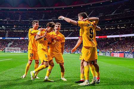 Joao Felix of FC Barcelona (L2) seen celebrating a goal with his teammates (from L to R) Sergi Roberto, Fermin Lopez, Robert Lewandowski, Hector Fort during the La Liga EA Sports 2023/24 football match between Atletico Madrid vs FC Barcelona at Civitas Metropolitano Stadium. Atletico Madrid 0 : 3 FC Barcelona