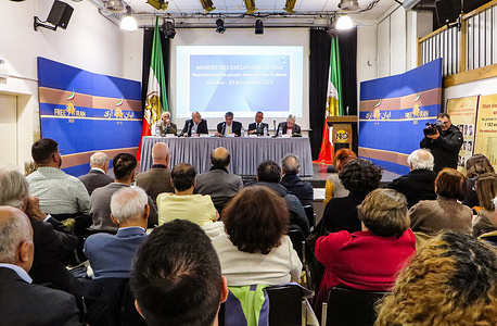 Panelists Remy Pagani, Jean Charles Rielle, Jeremy Sarkin, Tahar Boumedra, and Alfred de Zayas, sit at the front table. A high-profile conference at the Maison Internationale des Associations gathered UN experts, Swiss parliamentarians, former political prisoners, and eyewitnesses to address the record surge of executions in Iran in 2025. The event followed the UN General Assembly Third Committee’s resolution condemning Iran’s human rights violations on November 19, 2025, and called for UN Security Council action, international inspections of Iranian prisons, and accountability for the 1988 Massacre (November 20, 2025).