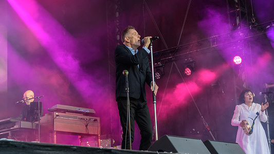 (L-R) Brian McAlpine, Ricky Ross and Lorraine McIntosh of the Scottish band Deacon Blue perform live on stage at The Castle Concerts, Edinburgh Castle.