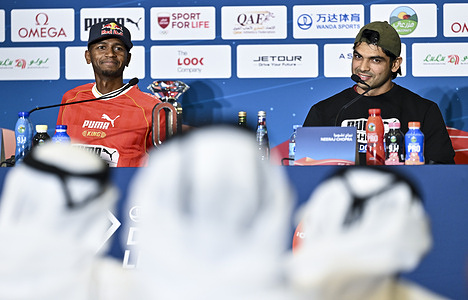 Qatari high jumper Mutaz Barshim (L) and Indian javelin thrower Neeraj Chopra (R) attend a press conference ahead of the Doha Diamond League athletics meeting in Doha. The Doha Diamond League meeting is scheduled to take place on June 19, 2026.