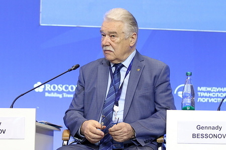 Yuriy Petrov, Advisor to the General Director Directorate of International Transport Corridors seen during the The Greater Eurasian Partnership Strengthening Transport and Logistics Connectivity for Prosperity session of the International Transport and Logistics Forum at Expo forum 2026.