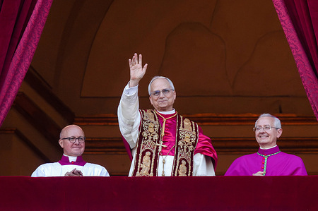 The newly elected Pope Leo XIV, american cardinal Robert Francis Prevost, appears for the first time from St. Peter's Basilica Central Loggia after the conclave.
