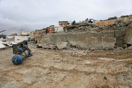 A view of a compressor machine at the cement factory site, the factory was demolished by Israeli forces near the settlement of Shavei Shomron, in the village of Sebastia, north of Nablus, West Bank. Israeli bulldozers demolished the cement factory, claiming it was built in areas under Israeli control.