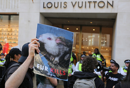 A protester hold a sign saying ‘Fur Kills’ outside Louis Vuitton during the demonstration. Anti-fur vegan activists from rageactivism protest outside Louis Vuitton in New Bond Street over its continued selling of fur and other animal products. The protest on World Day for Laboratory Animals attracted a large police officer presence. Activists demand the company adopt a fur free policy immediately.