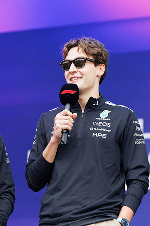 George Russell of Great Britain and the Mercedes-AMG PETRONAS Formula One Team at the fan forum ahead of the F1 Grand Prix of Australia at the Albert Park Grand Prix Circuit.