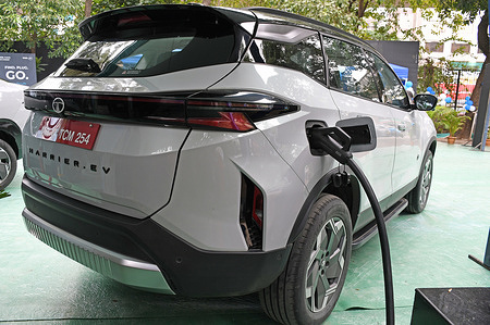 Tata Harrier electric vehicle is seen getting charged during the unveiling of Tata power and Tata passenger electric mobility ltd largest Tata ev mega charger hub on world ev day in Mumbai.