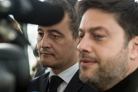 (from left to right): Gerald Darmanin and Benoit Payan are seen during a press conference. Present in Marseille to unveil a project for a new police station, Gerald Darmanin (Minister of the Interior) and Benoit Payan (Mayor of Marseille) improvised a press conference about the knife attack in front of the Marseille City Hall. On March 12, 2022, a man attacked the municipal police officers in front of the city hall during the time of reception of donations for Ukraine. The man was shot by one of the police officers after he injured the first police employee.