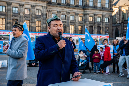 An Uyghur man speaks against the concentration camps in China during an event to commemorate the 'National Day of East Turkistan'. November 12th marks the Republic Day of East Turkistan, also known as Xinjiang Uyghur Autonomous Region of China. The Uyghur community living in The Netherlands organized an event to commemorate the 'National Day of East Turkistan' and keep fighting against the Chinese government to regain their independence. The Chinese government has reportedly detained more than a million Muslims in reeducation camps. Most of the people who have been arbitrarily detained are Uighur, a predominantly Turkic-speaking ethnic group primarily from China's northwestern region of Xinjiang.