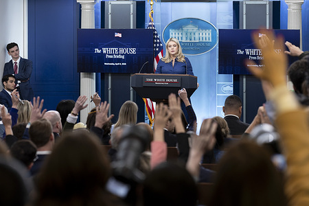 White House Press Secretary Karoline Leavitt seen taking questions during a press briefing in the James Scott Brady Press Briefing Room at the White House. Leavitt addressed reporters on a range of topics, including a two-week ceasefire deal between the U.S., Iran, and Israel.