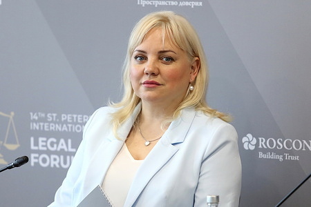Veronika Loginova, Director General, Russian Anti-Doping Agency "RUSADA" seen during the Sports Law: Where Does Politics Come into Play? session at The St. Petersburg International Legal Forum at the Expoforum Convention and Exhibition Center.