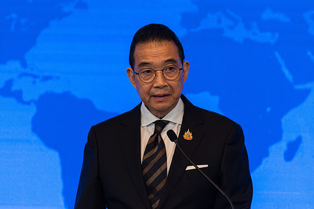 Thailand's Foreign Minister Maris Sangiampongsa, speaks during the press conference concerning Cambodia border conflict at the Ministry of Foreign Affairs in Bangkok. Thailand and Cambodia had agreed to return their troops to previous border positions after the clash between Thailand and Cambodia troops at the border on May 28, 2025.