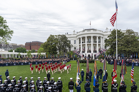 Members of the military parade during a State Visit arrival ceremony on the South Lawn of the White House. The Arrival Ceremony is part of a four-day state visit by the British Royals to the United States ahead of the 250th anniversary of U.S. independence.