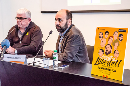 Agustí Alcoberro and Marcel Maurí, ANC and Òmnium Cultural, in the press conference to give details of the upcoming mass demonstration of the catalan independence movement.