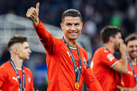 Cristiano Ronaldo of Portugal gives a thumbs up during the ceremony after the UEFA Nations League 2025 final match between Portugal and Spain at Munich Football Arena. Final score: Portugal 2:2 (penalties 5:3) Spain.
