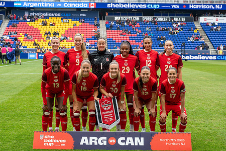 The Canada starting XI team line-up is seen before the SheBelieves Cup match against Argentina at Sports Illustrated Stadium in Harrison, NJ on March 7, 2026. Canada defeated Argentina 3-2 on penalties after regulation ended in a scoreless draw. SheBelieves Cup match between Canada and Argentina at Sports Illustrated Stadium in Harrison, NJ.