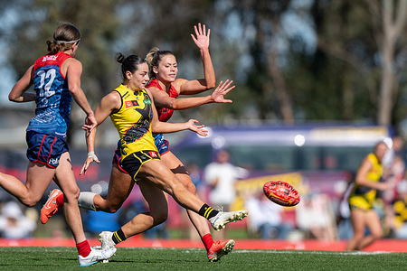 Monique Conti of Richmond and Georgia Campbell of Melbourne FC seen in action during the AFLW Round 4 game between Melbourne FC and Richmond FC at Casey Fields. Final score: Melbourne FC 57 - Richmond FC 20