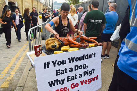 PETA (People for the Ethical Treatment of Animals) activists stage a mock 'barbecue' with a fake dog and a sign reading 'If you wouldn't eat a dog, why eat a pig?' during a protest outside Meatopia Festival, a meat barbecue festival at Tobacco Dock. The stunt urges attendees to stop eating meat and is part of PETA's ongoing vegan campaign.