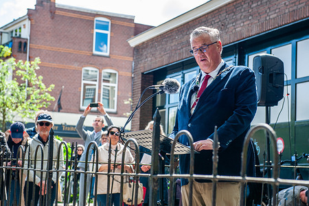 Mayor, Hubert Bruls is seen giving speech during a solemn ceremony New Stolpersteine were placed on the pavement in front of the houses where the Jew victims lived during a solemn ceremony and in the presence of relatives. Stolpersteine ​​are stumbling stones covered at the top with a brass plate to remind of persecuted and murdered Jews who became victims of the Nazi regime. About 450 Jewish citizens of Nijmegen did not survive the Second World War.