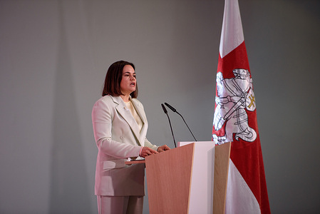 The leader of the Belarusian democratic opposition Sviatlana Tsikhanouskaya speaks at a conference of Belarusian democratic forces in Vilnius. The conference of the Belarusian opposition "New Belarus" was held in Vilnius on August 3rd-4th.