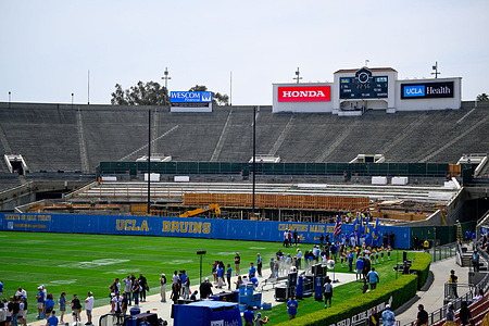South End Zone Field Club under construction getting ready for the 2026 season the UCLA Bruins 2026 Spring Football Game at the Rose Bowl Stadium in Pasadena. The intrasquad showcase marks the team’s final workout of spring practice and provides an early look at the roster ahead of the 2026 season. The intrasquad showcase marks the team’s final workout of spring practice and provides an early look at the roster ahead of the 2026 season.