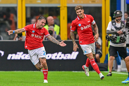 Matteo Politano of Napoli celebrates a goal during Serie A 2026/27 football match between Inter and Napoli at San Siro Stadium. Final score Inter 3 : 2 Napoli