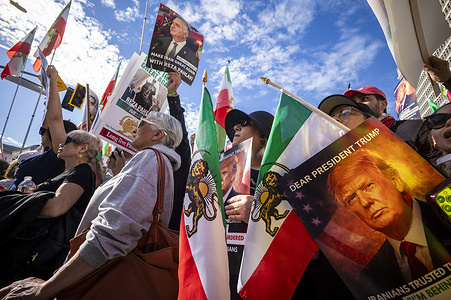 Demonstrators gather in downtown Los Angeles on Jan. 18, 2026, to protest the Iranian government’s crackdown on recent demonstrations.