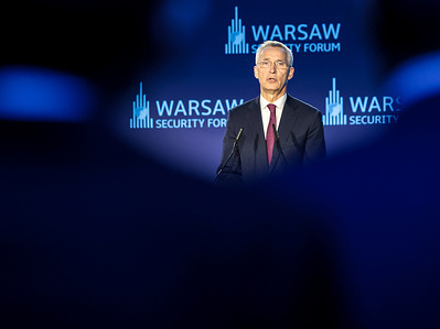 Jens Stoltenberg former NATO Secretary General and Norwegian Minister of Finance speaks during a ceremony that awards him as a Knight of Freedom. The second day of the Warsaw Security Forum 2025, WSF2025 entitled For Our Freedom and Yours gathers 2500 participants and 250 speakers and it focuses on securing peace in the EU in the face of Russian provocations.