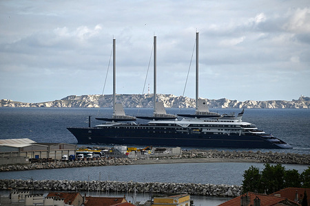 The Orient Express Corinthian cruise ship, using wind as its main propulsion, arrives at the French Mediterranean port of Marseille.