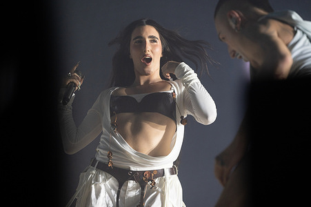 The singer Lara Fernandez Castrelo known as Judeline performs Judeline during her concert at the Movistar Arena.