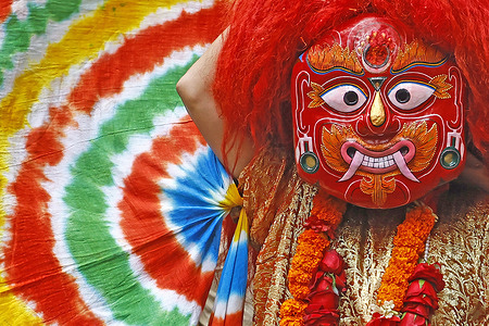 The Lakhey performs on the first day of Indra Jatra in Kathmandu. Indra Jātrā is the biggest religious festival in Nepal's Kathmandu Valley. Indra Jātrā is celebrated with masked dances of deities and demons alongside displays of sacred images in honor of the deity Indra, the king of heaven.Indra Jatra, or Lord Indra, is the Hindu king of the heavens