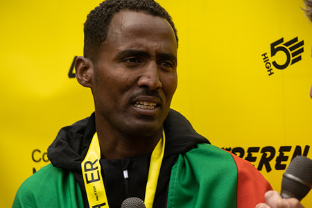 Berhane Tesfaye of Eritrea seen during an interview after winning men's race during the Copenhagen Marathon 2025. 19.088 participants are running the 42.195 km on the streets of the Danish capital.