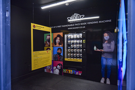 Maskey fashionable face masks vending machine at Carnaby Street in London.
Maskey is proud to be the first company in the UK to offer fashionable face masks for sale through vending machines.