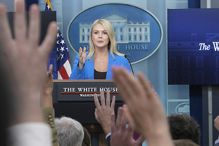 White house Press Secretary Karoline Leavitt speaks about LA rioters and CA Gov Gavin Newsom during a press briefing at Brady Room/White House in Washington DC, USA.