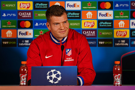 Atletico Madrid's Norwegian forward Alexander Sorloth seen during a press conference at the Rams Park Stadium on the eve of their UEFA Champions League, league phase football match against Galatasaray.