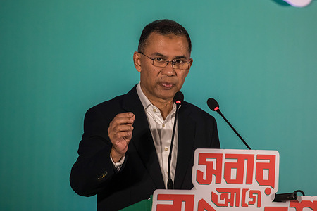 Bangladesh Nationalist Party (BNP) Chairperson Tarique Rahman speaks during the unveiling of the partyís election manifesto, outlining nine key pledges, ahead of Bangladeshís 13th national parliamentary election at Hotel Sonargaon.