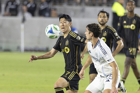 Los Angeles FC's Son Heung-min #7 and San Diego FC's Ian Pilcher #25 vie for the ball during an MLS soccer match at BMO Stadium, August 31, 2025 in Los Angeles.