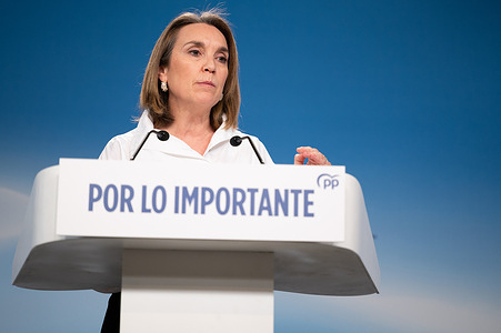 The deputy secretary of Institutional Regeneration of the Popular Party Cuca Gamarra attends a press conference after the PP Steering Committee.