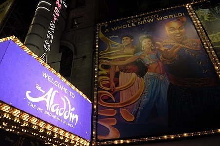 The theater playing the Broadway musical Aladdin is seen on 42nd Street in Manhattan, New York City.