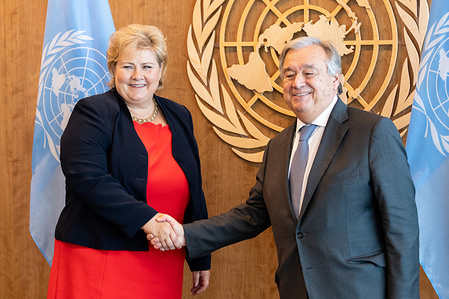 Erna Solberg, Prime Minister of Norway, and Antonio Guterres, Secretary General of the United Nations seen at the United Nations General Assembly General Debate at the United Nations in New York City.